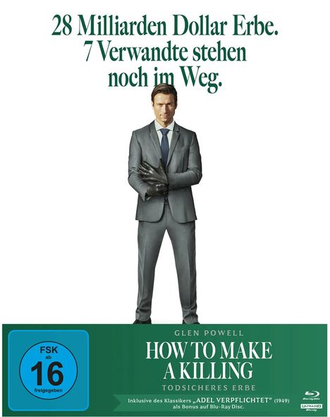 Text oben: "28 Milliarden Dollar Erbe. 7 Verwandte stehen noch im Weg."

Unten: Ein Mann im Anzug mit Handschuhen. Blu-ray-Hinweis.