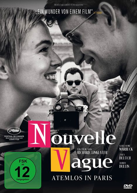 „Ein Wunder von einem Film“ Le Figaro. Poster mit lachendem Paar und schwarzer Kamera, FSK 12, Nouvelle Vague.