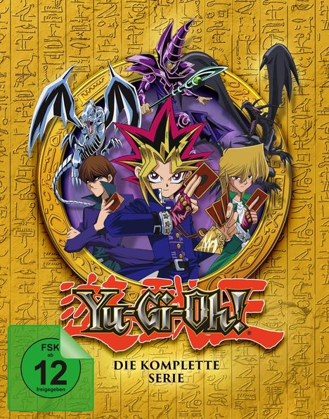 „Yu-Gi-Oh! DIE KOMPLETTE SERIE“. Illustration: Charaktere, Drachen, Pyramiden-Hintergrund. FSK 12.