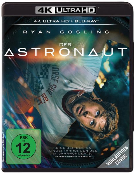 Text: 4K Ultra HD, Blu-ray, Ryan Gosling, Der Astronaut, FSK ab 12 freigegeben, Vorläufiges Cover. Ein Mann schwebt im All.