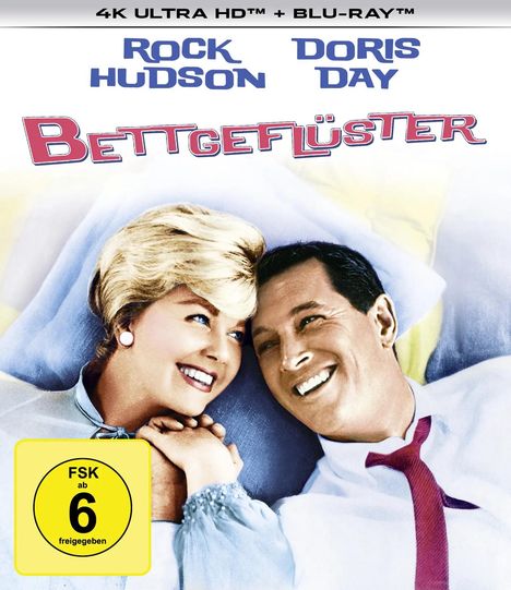Oben steht "ROCK HUDSON" und "DORIS DAY", darunter "BETTGEFLÜSTER". Zwei Personen liegen lächelnd im Bett. FSK 6 Symbol.