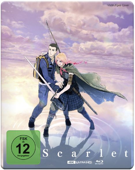 "FSK ab 12 freigegeben", "Scarlet". Illustration: Zwei Figuren mit Schwertern, Hintergrund aus rosa Wolken.