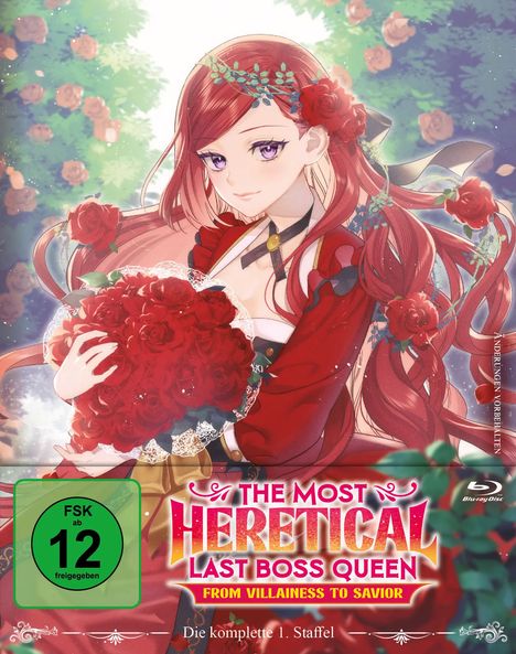 FSK ab 12 freigegeben; THE MOST HERETICAL LAST BOSS QUEEN: FROM VILLAINESS TO SAVIOR; Die komplette 1. Staffel. 
Anime-Figur mit roten Haaren und Rosen.