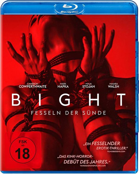 Oben: "Bight Fesseln der Sünde". Schauspielernamen darunter. Rotes Bild zeigt gefesselte Hände. FSK 16 Symbol links.