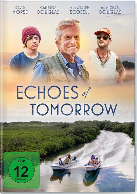 „Echoes of Tomorrow“, Schauspieler oben, FSK 12. Drei Männer auf Schnellbooten in einem Fluss, grüne Umgebung.