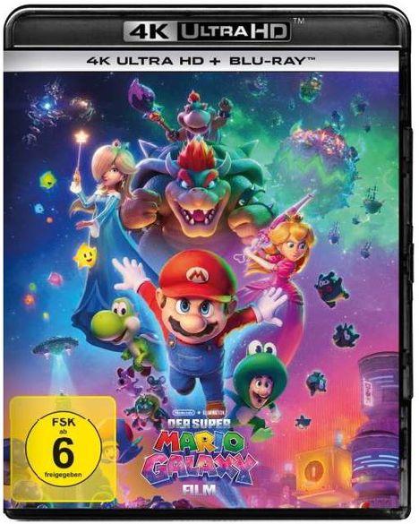 "4K ULTRA HD + BLU-RAY, FSK 6. Mario, Yoshi und Prinzessin in galaktischer Szene mit bunten Sternen, Planeten und Charakteren."
