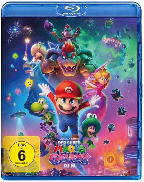 Text: "Der Super Mario Galaxy Film". Illustration mit Mario, Bowser, Prinzessin und weiteren Charakteren im Weltraum.