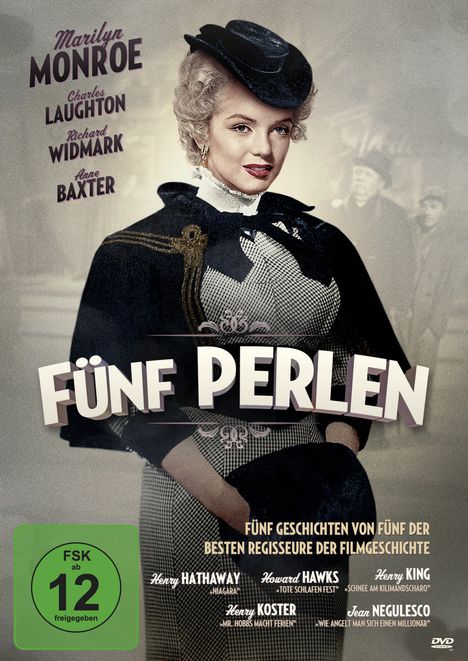 Texts: "Marilyn Monroe," "Fünf Perlen," "FSK ab 12." Frau in eleganter Kleidung mit Hut, nostalgische Atmosphäre.