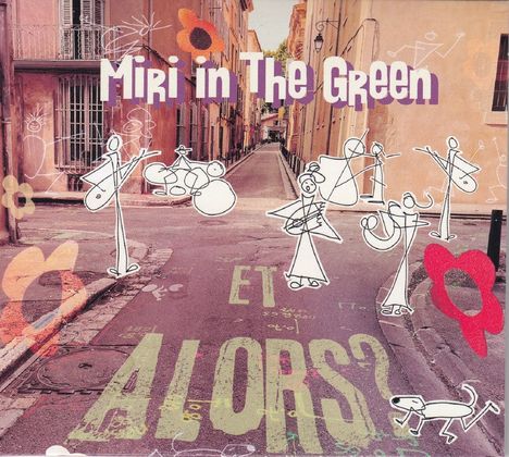 Miri in The Green, Et Alors? Illustration von Straßenmusikern und Blumen in einer städtischen Straße.