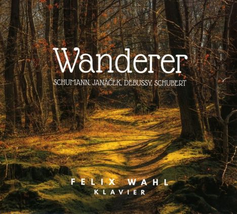 "Wanderer", Komponisten: Schumann, Janáček, Debussy, Schubert. Felix Wahl Klavier. Waldweg im Herbst mit Sonnenlicht.