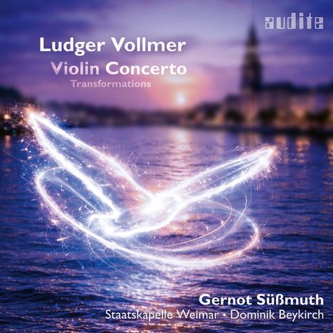 Text: "Ludger Vollmer Violin Concerto Transformations", "Gernot Süßmuth, Staatskapelle Weimar, Dominik Beykirch". 

Eine leuchtende, abstrakte Taube über Wasser bei Sonnenuntergang.
