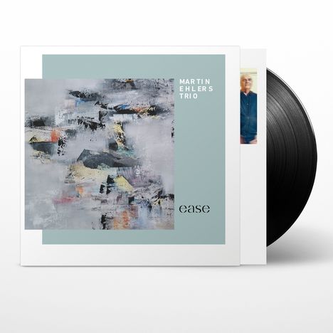 "Martin Ehlers Trio, ease." Abstrakte Malerei mit Pastelltönen und einem Hauch von Schwarz. Schallplatte sichtbar.