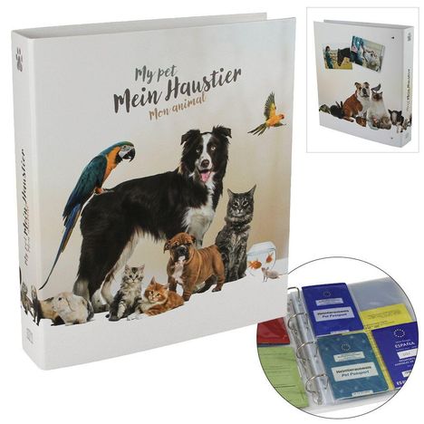 "Mein Haustier" in großen Schriftzügen. Abgebildet sind verschiedene Tiere wie Hund, Katze, Papagei und Goldfische.