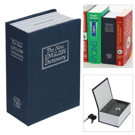 „The New ENGLISH Dictionary“ auf einem blauen Buch, das sich als Safe öffnet, daneben ein Schlüssel.