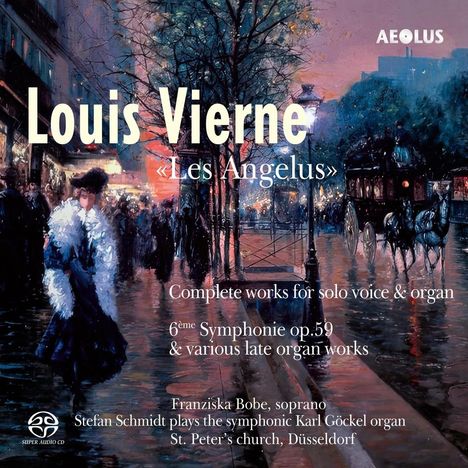 Text: Louis Vierne "Les Angelus". Complete works for solo voice & organ. 6ème Symphonie op.59 & various late organ works.

Beschreibung: Impressionistische Stadtszene bei Nacht mit eleganten Passanten, Kutsche und leuchtenden Straßenlaternen.