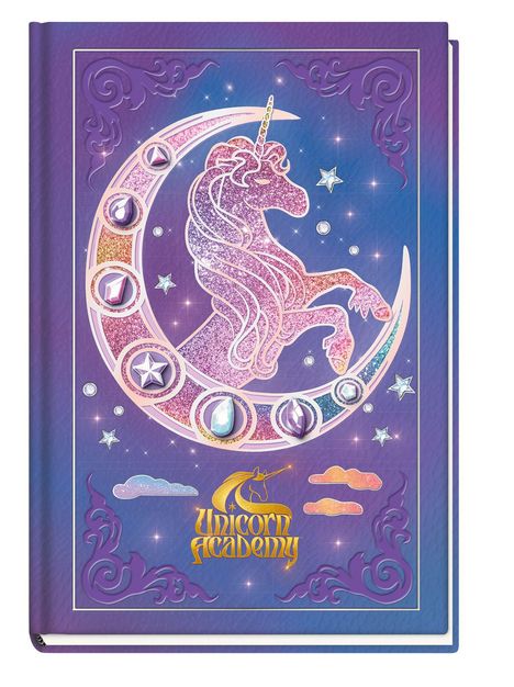 "Unicorn Academy" in goldener Schrift, ein glitzerndes Einhorn auf rosa Mond, violetter Hintergrund mit Sternen und Verzierungen.