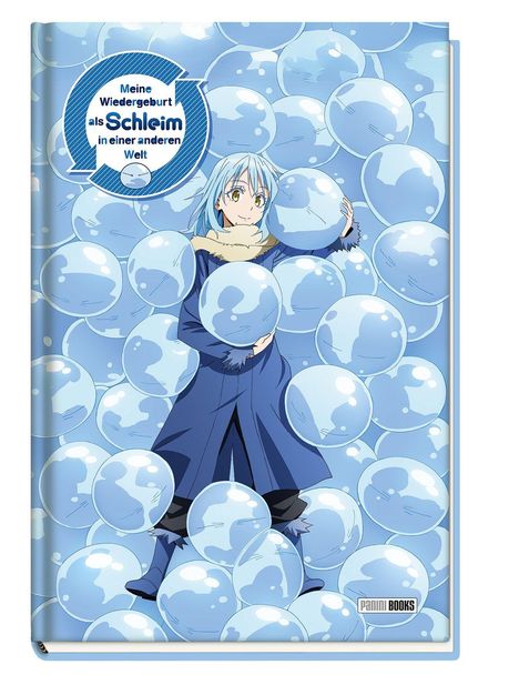 Titel: "Meine Wiedergeburt als Schleim in einer anderen Welt". Illustration: Person mit blauem Haar zwischen blauen Blasen.