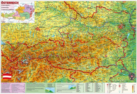 Heinrich Stiefel: Österreich National- u. Naturparks mit UNESCO Welterbestätten mit Metallbeleistung. Laminiert. beschreib- und abwischbar - gerollt im Kartonrohr, Karten