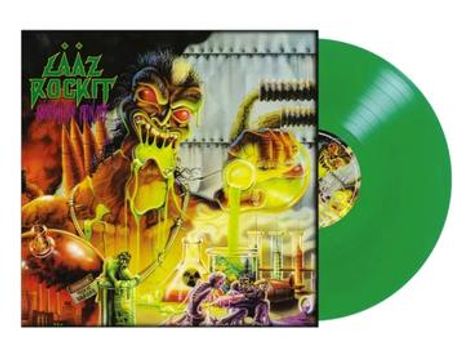 Laaz Rockit. Illustration eines Monsters mit Laborwerkzeugen. Eine grüne Schallplatte ist sichtbar.
