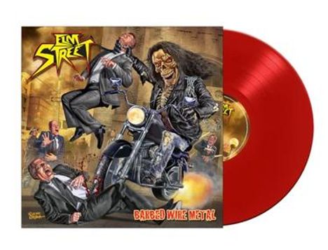 "Elm Street" und "Barbed Wire Metal" stehen auf dem Cover. Illustration: Skelett auf Motorrad zwischen fliegenden Anzugträgern.