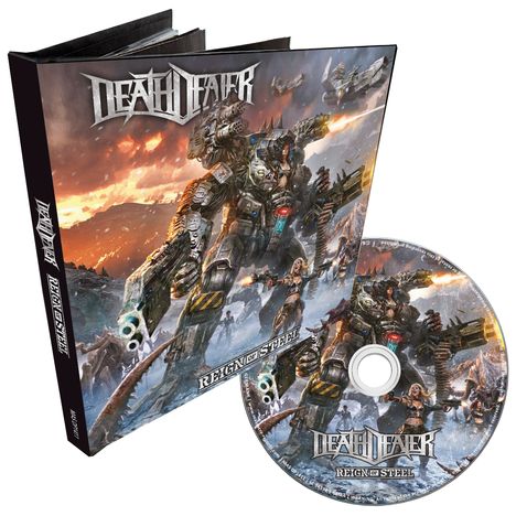 "Death Dealer" und "Reign of Steel" auf CD und Cover. Illustration mit Kampfrobotern und Kriegern vor brennendem Himmel.