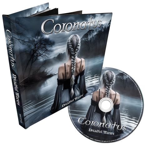 „Coronatus“, „Dreadful Waters“. Illustration: Eine Person mit Zopf blickt auf einen nebligen See unter dunklem Himmel.