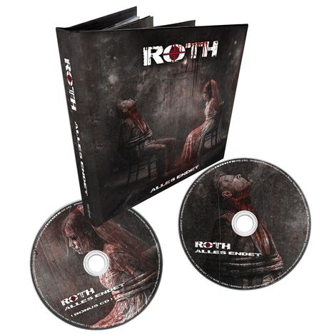 "ROTH" und "ALLES ENDET" in rauem Stil auf schwarzem Hintergrund. Zwei CDs zeigen eine düstere Illustration.