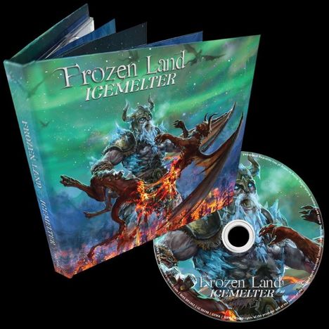 "Frozen Land - IGEMELTER". Buch und CD-Illustration zeigen eine eisige Kreatur im Kampf mit einem feurigen Drachen.