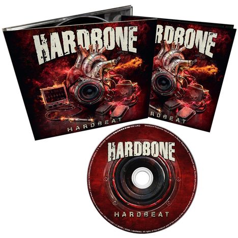HARDBONE, HARDBEAT. CD und Hülle in Rot- und Metallictönen. Industrielles Design mit mechanischem Herzen.