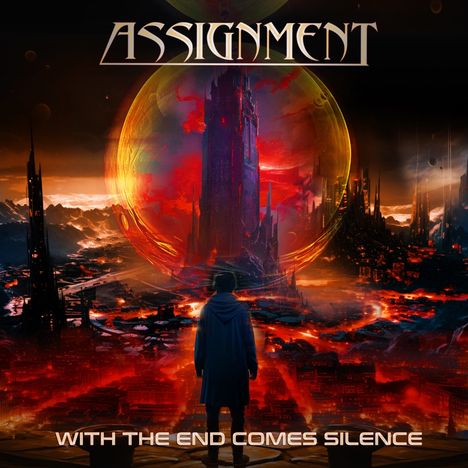 "ASSIGNMENT" und "WITH THE END COMES SILENCE". Eine dystopische Landschaft mit einem großen, leuchtenden Turm.