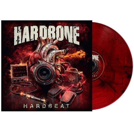 Text: "HARDBONE", "HARDBEAT". Illustration eines mechanischen Herzens mit Lautsprecher, Monitor und Kabeln.