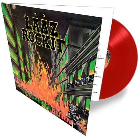 Text: "LÄÄZ ROCKIT" und "CITY'S GONNA BURN". Illustration von brennenden Gebäuden auf einem roten Vinyl-Schallplattencover.