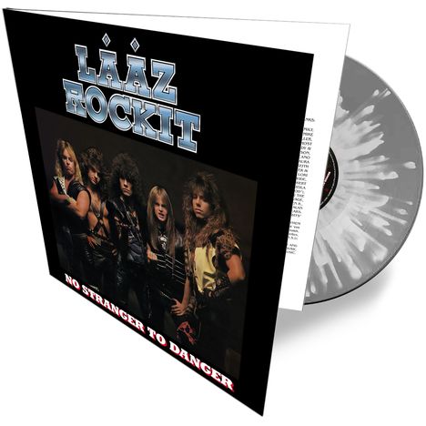 Text: "LÄÄZ ROCKIT", "NO STRANGER TO DANGER". 
Albumcover mit einer Band in Rockkleidung. Graue Schallplatte.