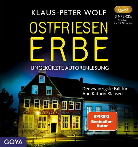 "Ostfriesen Erbe" von Klaus-Peter Wolf. Ungekürzte Autorenlesung. Beleuchtetes Haus bei Nacht, Spiegel-Bestseller.