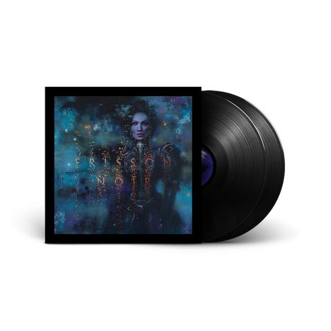 Text "FRISSON NOIR". Eine künstlerische Illustration mit einer mysteriösen Frau in düsterem Blau und Schwarz.