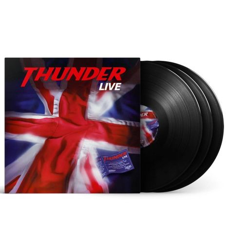 Text: "THUNDER LIVE". Eine britische Flagge und mehrere schwarze Schallplatten sind sichtbar.