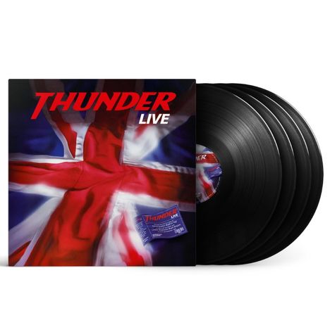 „THUNDER LIVE“ steht in fetter roter und weißer Schrift auf einem Union Jack Hintergrund, daneben sind vier Vinyl-Schallplatten.
