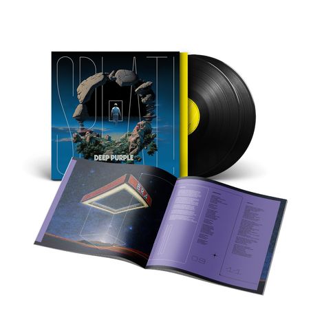 Text: "Deep Purple". Ein Albumcover zeigt einen futuristischen Torbogen. Ein Vinyl und Booklet mit weiteren Grafiken liegen dabei.