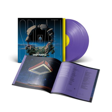 Auf dem Cover steht "DEEP PURPLE", darüber "SPATIAL". Im Vordergrund ist eine lila Vinyl-Schallplatte und ein geöffnetes Booklet.