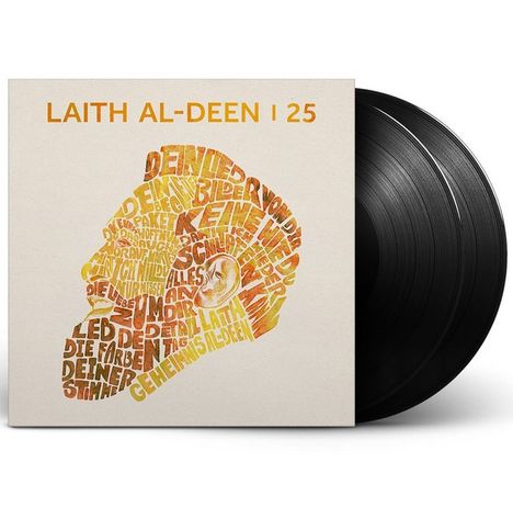 Text "LAITH AL-DEEN 25" in großen Buchstaben. Geometrisches Profil eines Kopfes aus Wörtern in Orange- und Gelbtönen.