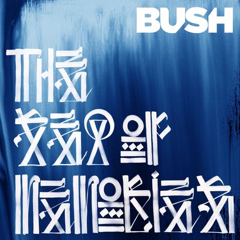 Weißer Text "BUSH" auf blauem Hintergrund, darunter kalligrafieartige Symbole in Weiß.