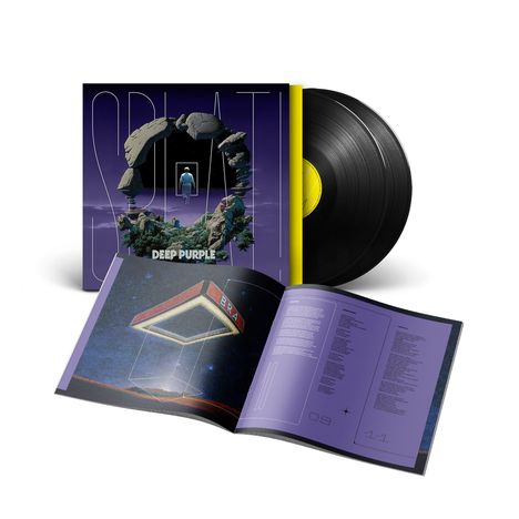 Der Text lautet "DEEP PURPLE". Zu sehen sind ein Schallplattencover, eine schwarze Vinyl-Schallplatte und ein offenes Booklet.