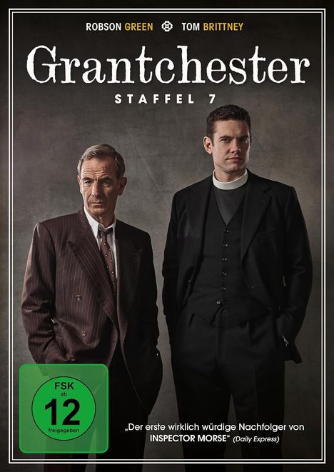 "Grantchester Staffel 7", zwei Männer in Anzügen, ein Polizist und ein Geistlicher, stehen nebeneinander.