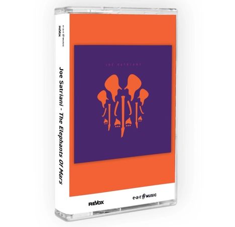 Text „Joe Satriani“ in Purpur. Illustration: Abstrakte, orange Formen auf dunklem Hintergrund.