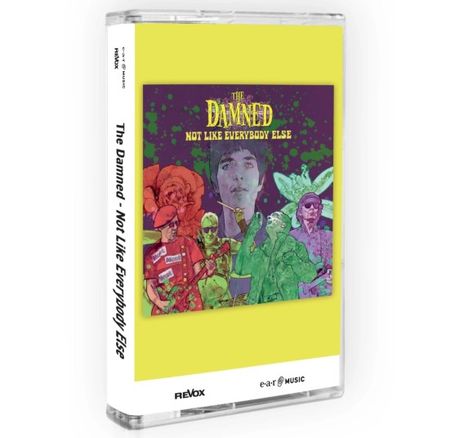Illustration mit gelbem Text "THE DAMNED NOT LIKE EVERYBODY ELSE" und bunten gezeichneten Musikern vor einem dunklen Hintergrund.