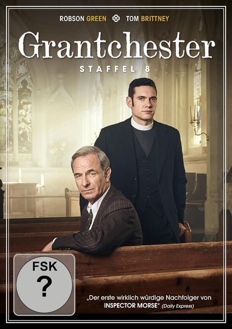 "Grantchester Staffel 8"; Robson Green, Tom Brittney. Ein älterer Mann im Anzug und ein Priester in einer Kirche.