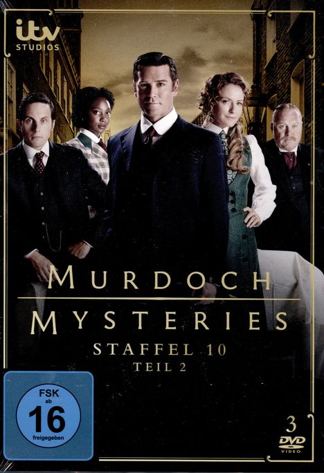 "Murdoch Mysteries Staffel 10 Teil 2" zeigt fünf elegant gekleidete Personen in einem historischen Stadtsetting.