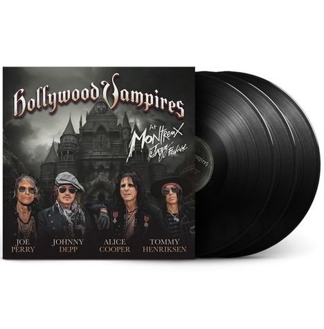 „Hollywood Vampires“ oben, darunter „at Montreux“ in Schreibschrift. Personenbilder vor einem Schloss.