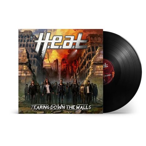 Auf einem Albumcover steht oben "H.E.A.T" und unten "TEARING DOWN THE WALLS". Menschen gehen durch zerstörte Gebäude.