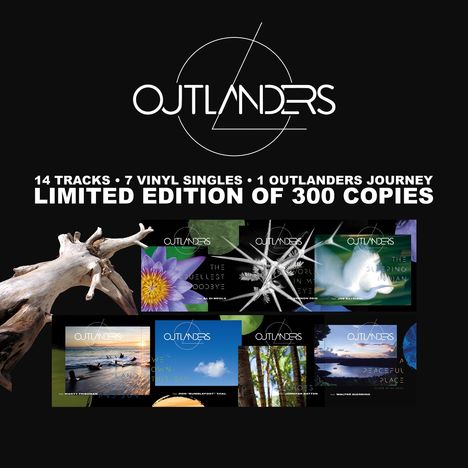 "14 Tracks, 7 Vinyl Singles, 1 Outlanders Journey, Limited Edition of 300 Copies." Coverbilder und ein Logo.